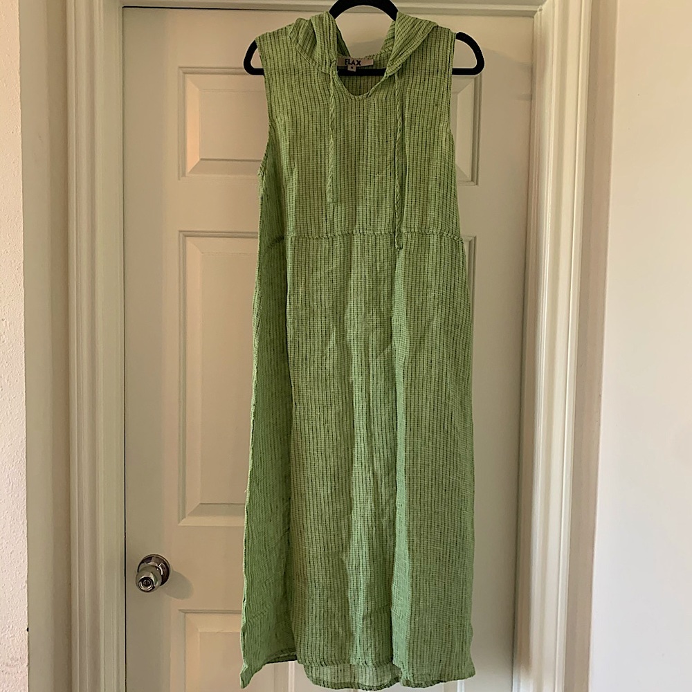 Flax Linen Green Hooded Sleeveless Dress Plaid Pattern